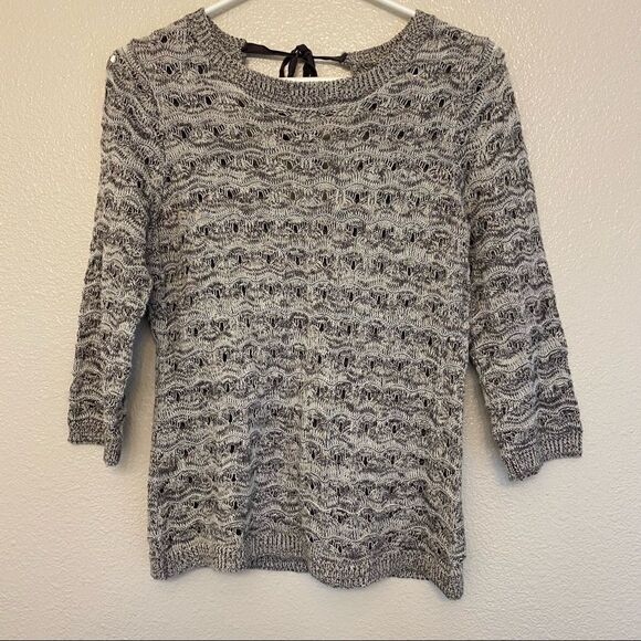Maurices 3/4 Sleeve Sweater keyhole tie open back gray metallic open knit top M - Picture 2 of 11